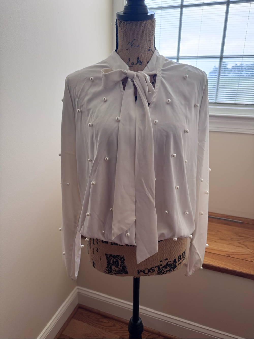 Aje White Pearl-Embellished Tie-Neck Blouse